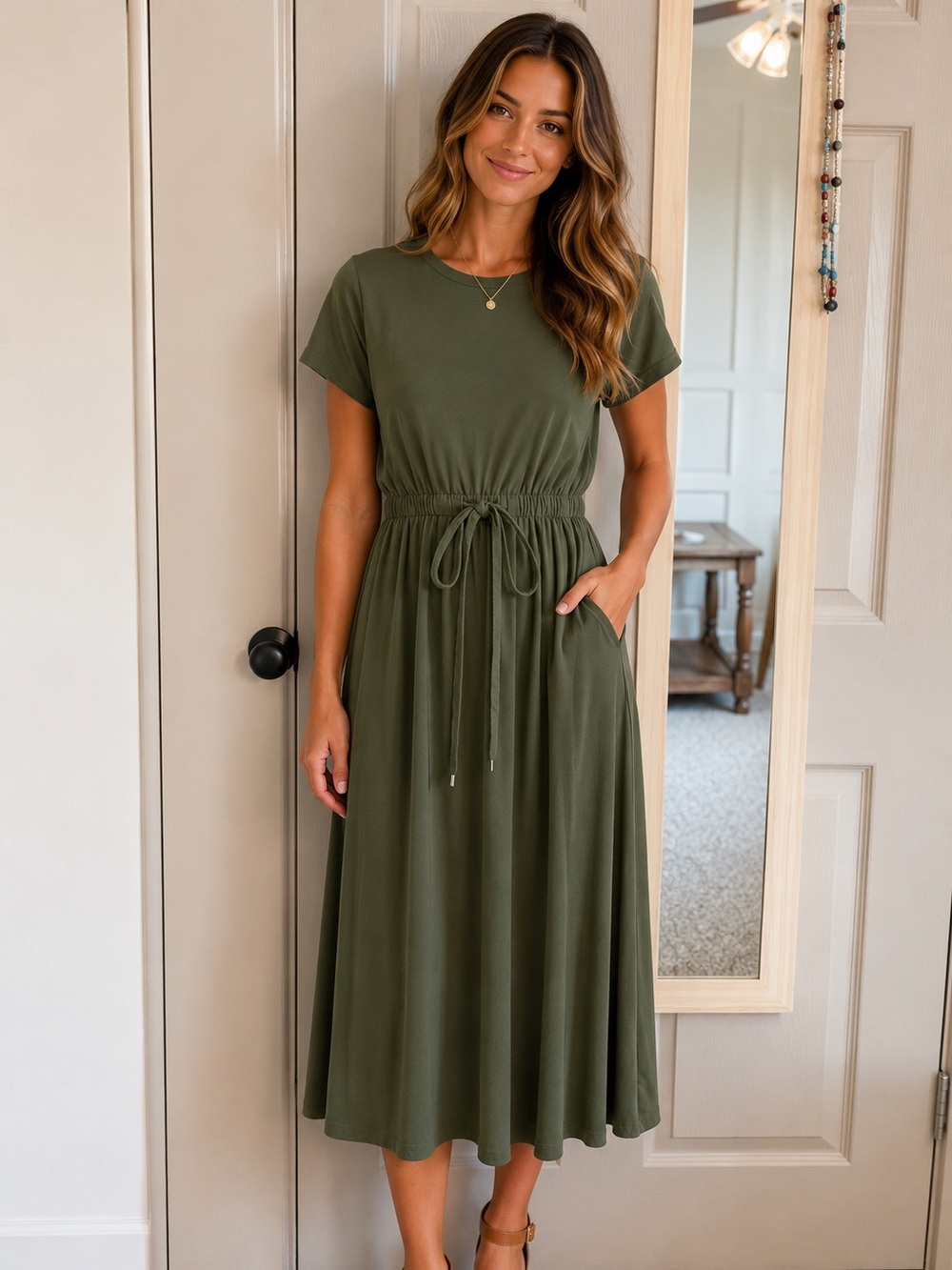 SHEIN Olive Drawstring Short-Sleeve Midi Dress